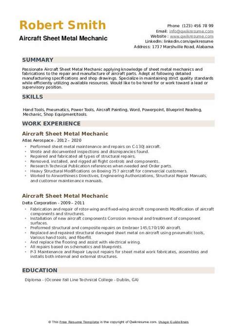 resume templates for aircraft sheet metal fabrication|Aircraft Sheet Metal Mechanic Resume Examples & Samples for .